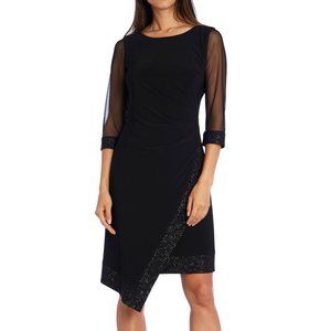 SHEER SLEEVE SIDE RUCHED ASYMETRICAL SKIRTED DRESS